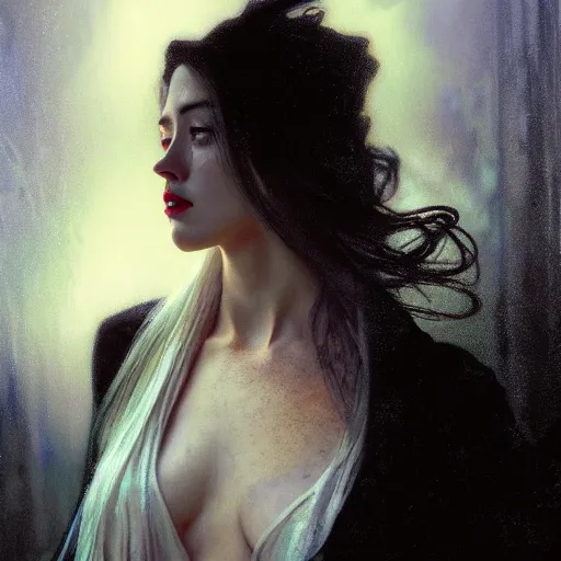 Prompt: hyperrealistic portrait of a woman as amber heard as a vampire witch tears in a black coat closing a window over the shoulder shot falling petals in windy storm hair. by jeremy mann and alphonse mucha, fantasy art, photo realistic, dynamic lighting, artstation, poster, volumetric lighting, very detailed faces, 4 k, award winning