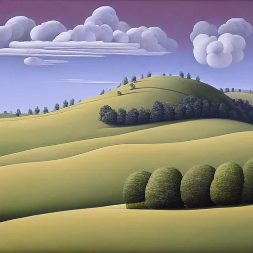 Image similar to a painting of the rolling hills in muted color, an ultrafine detailed painting by rafal olbinski, behance contest winner, pop surrealism, detailed painting, very detailed, minimalist, skeuomorphic, airbrush art