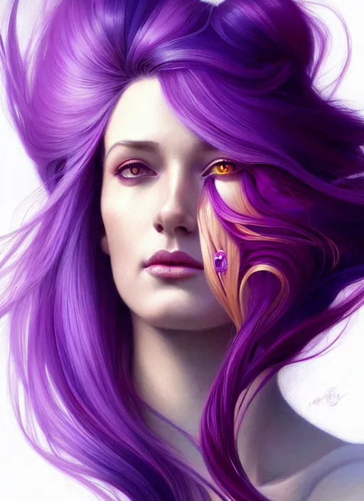 Image similar to Portrait of a woman with bright colored flying hair, all shades of purple. Hair coloring, amber eyes, face, long hair, fantasy, intricate, elegant, highly detailed, digital painting, artstation, concept art, smooth, sharp focus, illustration, art by artgerm and greg rutkowski and alphonse mucha