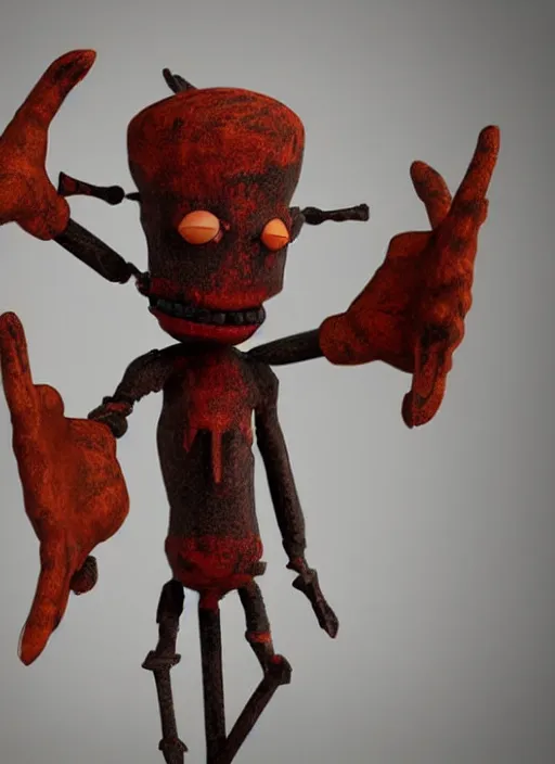 Image similar to an octane render of a voodoo doll, ritualistic, made of painted wood, leather, minimal statuette of a demon, volumetric lighting, beautiful design, hd render,