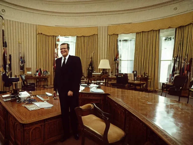 Prompt: photo of richard nixon t posing in the oval office, kodachrome, wide angle