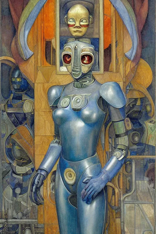 Image similar to the queen in her robot mask stands by the window, by Annie Swynnerton and Diego Rivera and Elihu Vedder, symbolist, dramatic lighting, elaborate geometric ornament, Art Brut, soft blues and greens,smooth, sharp focus, extremely detailed, Adolf Wölfli and Evelyn De Morgan