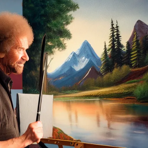 Image similar to a closeup photorealistic photograph of bob ross working on a canvas painting of elmo. film still. brightly lit scene. mountains and trees. this 4 k hd image is trending on artstation, featured on behance, well - rendered, extra crisp, features intricate detail, epic composition and the style of unreal engine.