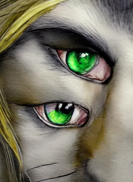 Image similar to blonde woman with green eyes kisses her cat with green eyes on her nose, watercolor, dramatic lighting, cinematic, establishing shot, extremly high detail, foto realistic, cinematic lighting, pen and ink, intricate line drawings, by Yoshitaka Amano, Ruan Jia, Kentaro Miura, Artgerm, post processed, concept art, artstation, matte painting, style by eddie mendoza, raphael lacoste, alex ross