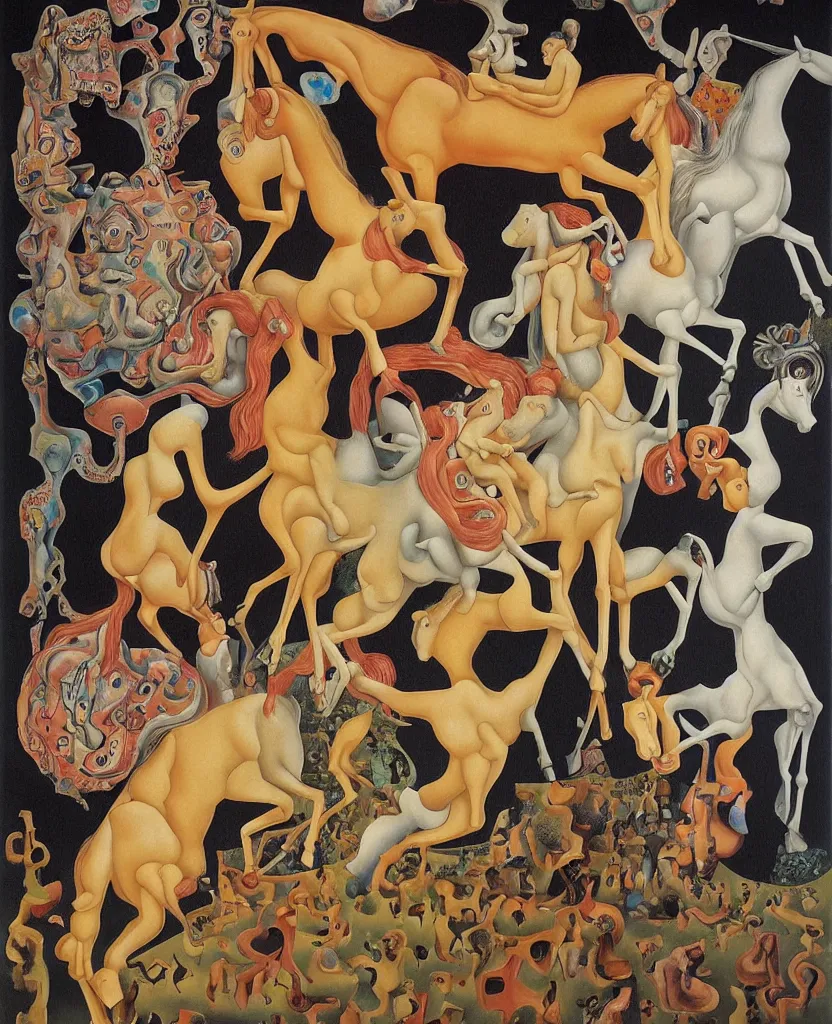 Image similar to the three fates and their horses | pain, pleasure, suffering, adventure, love, life, afterlife, souls in joy and agony disaster, | Japanese pop-surrealism | miracle, love | abstract oil painting, gouche on paper by MC Escher and Salvador Dali on LSD |