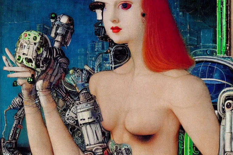 Prompt: close up portrait of a fractal punk goth alien martian girl in a fluorescent cyberpunk futuristic city by ellen von unwerth, oil painting by canaletto hieronymus bosh leonardo da vinci piero della francesca botticelli