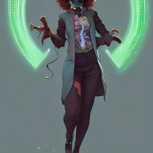 Image similar to a full body character design by artgerm, cushart krenz, greg rutkowski and alphonse mucha. cute african mad scientist neon woman lab coat!! green plasma!!, goggles visor!! bold outline sharp edges. ultra clear detailed. 8 k. ultra detailed, elegant, intricate, octane render. felt!!! texture