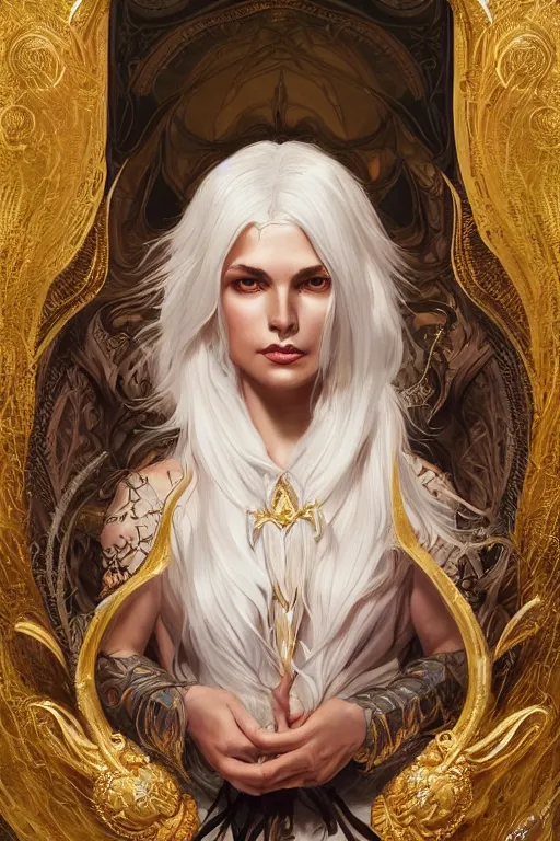 Image similar to fullbody!! beautiful woman with white hair, big natural horns on her head, gold jewellery, dnd, face, fantasy, intricate, elegant, highly detailed, digital painting, artstation, concept art, smooth, sharp focus, illustration, art by artgerm and greg rutkowski and alphonse mucha