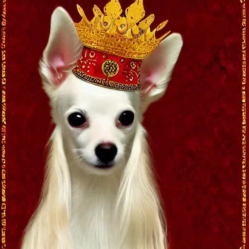 Image similar to long hair white chihuahua king wearing a red and gold crown cinematic composition, digital art, cute