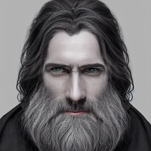 Image similar to a highly detailed portrait of a man without a beard, purple eyes, light gray long hair, wearing a black cloak, artstation, DeviantArt, professional, octane render