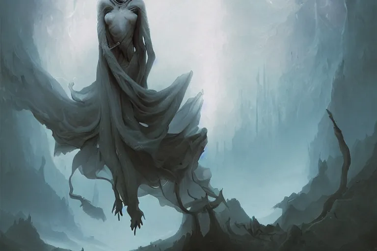 Image similar to a humanoid creature with pale white skin and a gaunt face. the creature is bald and its eyes are shining, emitting sunlight. it is wearing a black flowing cloak that looks like mist. art by peter mohrbacher.