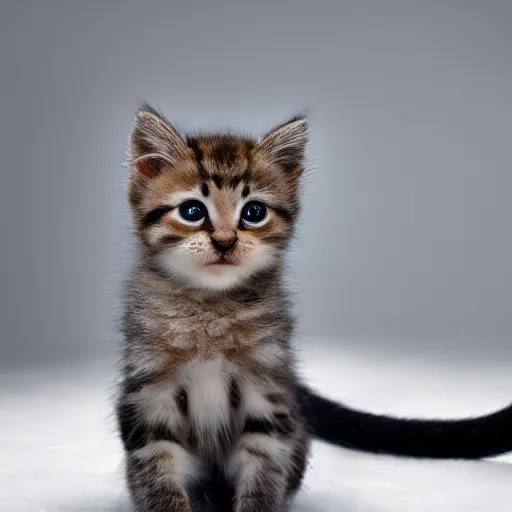 Prompt: super crisp closeup photo of a kitten with an extremely long monkey's tail. it is sitting in the snow, studio lighting, in the style of rodger deakins, moody, rim light, beautiful lighting, 8 k, stunning scene, blade runner, dune, seven,