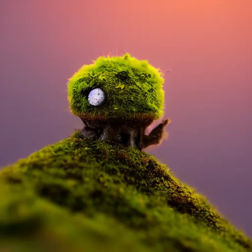 Image similar to a tiny cute mossy forest creature by bobby chiu, at sunset, macro photography, goro fujita