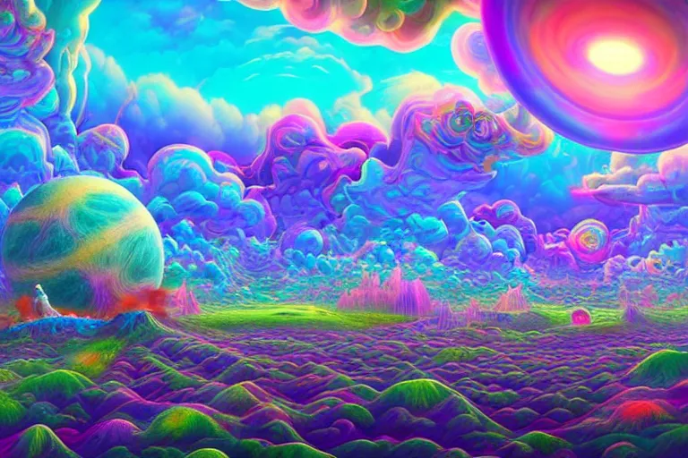 Prompt: a psychedelic realm with rolling plains made out of clouds, and giant portals scattered throughout that lead into the multiverse, in the style of wlop and lisa frank, illustration, epic, fantasy, hyper detailed, smooth, unreal engine, sharp focus, ray tracing