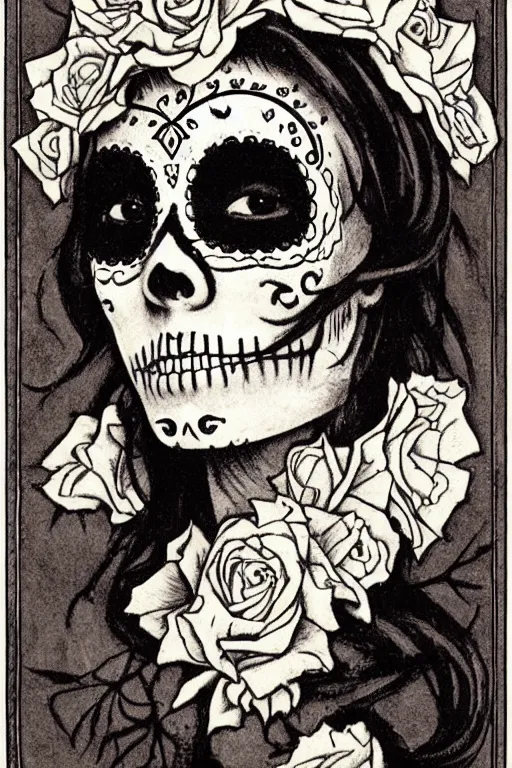 Image similar to Illustration of a sugar skull day of the dead girl, art by alphonse osbert