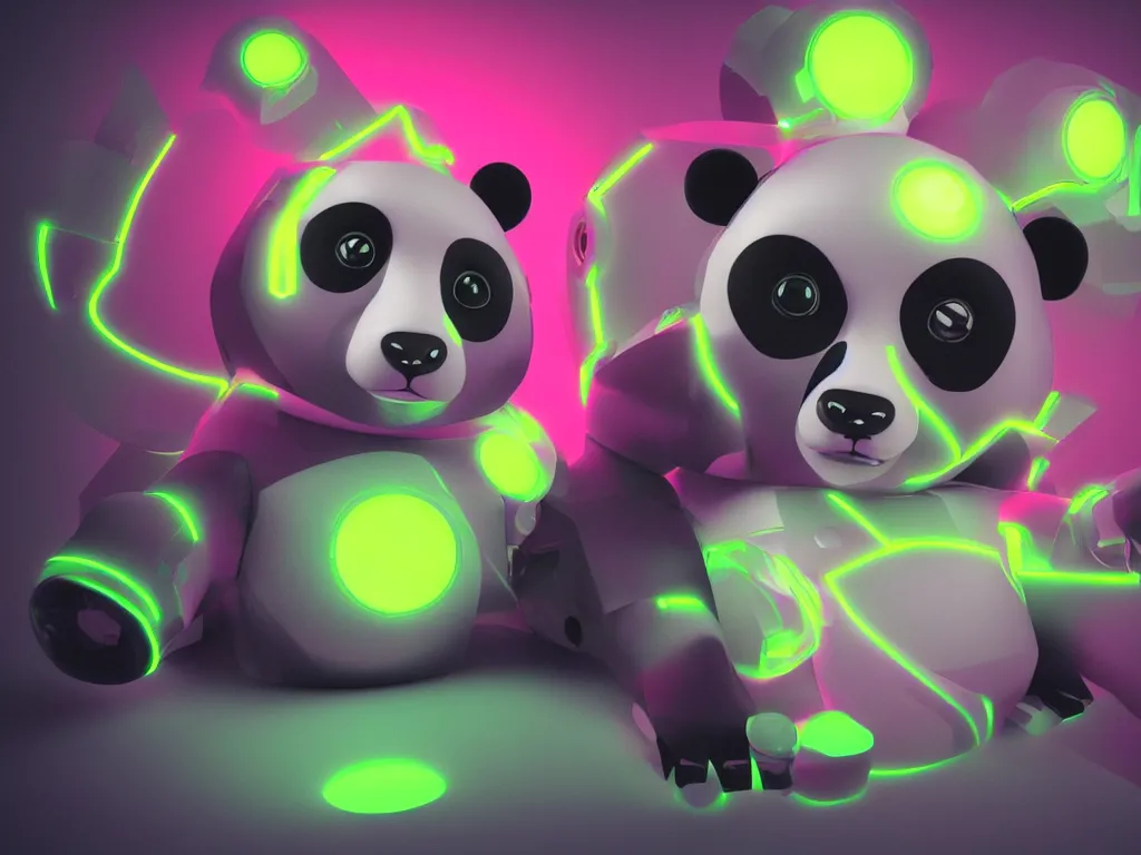 Image similar to 3D Render Portrait Of A Cute, Robot Panda With Glowing Yellow Eyes On A Neon Pink Background, Digital Art