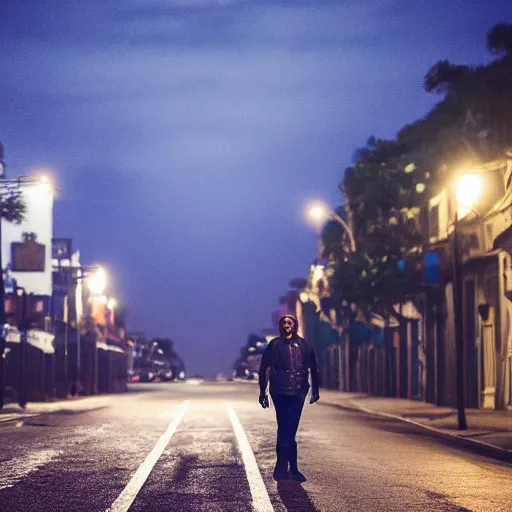 Image similar to empty street, mayan jaguar warrior, portrait, at night, by addy campbell, cinematography by quetzalcoatl