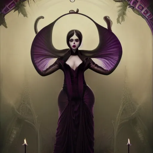 Image similar to by tom bagshaw, photorealistic body shot of an absurdities carnival, curvy full gothic long dress, tentacles, ultra deep fog, purple black lustrous thin haircut, symmetry accurate features, focus, very intricate ultrafine details, award winning masterpiece