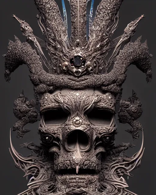 Image similar to 3 d ornate carved dark cosmic king with profile portrait, sigma 5 0 0 mm f / 5. beautiful intricate highly detailed quetzalcoatl skull. bioluminescent, plasma, lava, ice, water, wind, creature, thunderstorm! artwork by tooth wu and wlop and beeple and greg rutkowski, 8 k trending on artstation