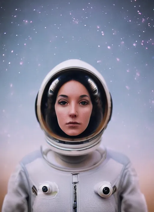 Prompt: photograph portrait of a very pretty!!! woman! symmetric face, petzval lens. out of focus, look at the camera. in an very detailed interstelar astronaut costume. futuristic helmet, space station. by alesio albi and george lucas and stanley kubrick
