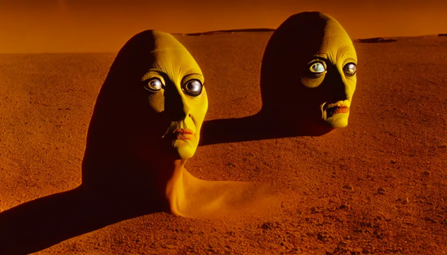 Image similar to glowing bene gesserit in full - face golden glowing mask meet salvador dali in a black rocky desert landscape with alienabandoned city beneath the sand and giant alien spaceship in the sky attacks the earth by christopher doyle and alejandro jodorowsky, anamorphic lens, kodakchrome, cinematic composition, very detailed photo, 8 k,