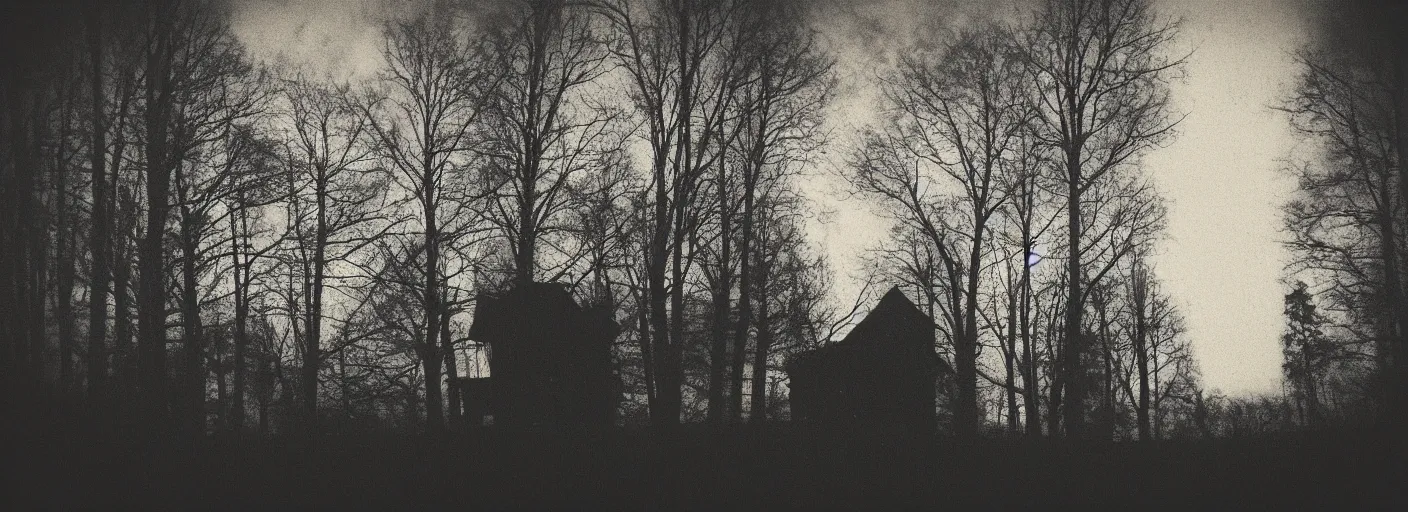 Prompt: house in the wood, giant black wolfguarding, moon rising, pinhole photo quality, blur, focus, cinematic, 35mm, noise effect