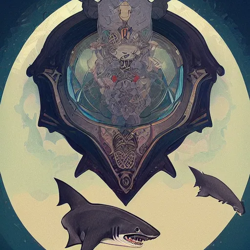 Image similar to shark with a cone on its head - ron cheng & alphonse mucha, highly detailed, digital painting, ray tracing, concept art, illustration, smooth sharp focus, intricate, symmetry, artstation,