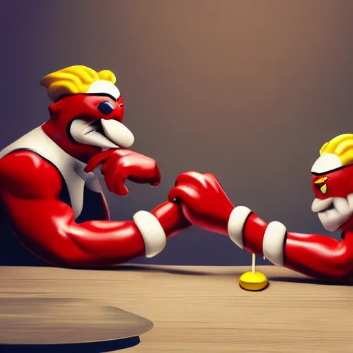 Prompt: Ronald McDonald winning in an arm wrestling match against Hamburglar, 4k, digital art, artstation, hyperrealism