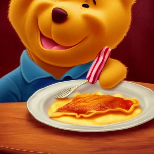 Image similar to president winnie the pooh eating lasagne, award winning photography, extremely detailed, artstation, 8 k, sensual lighting, incredible art, wlop, artgerm