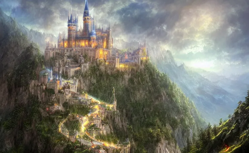 Image similar to beautiful secret city of the elves gondolin on top of a mountain, magical gloomy mystical. by konstantin razumov, fractal flame, chiaroscuro, highly detailded