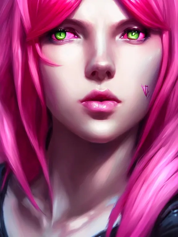 Prompt: a League of Legends FAN ART Portrait of VI, pink hair, short hait, elegant, highly detailed, digital painting, concept art, smooth, sharp focus, illustration, by Patrice murciano ,artstation,deviantart,Unreal Engine,face enhance,8K,golden ratio,cinematic lighting