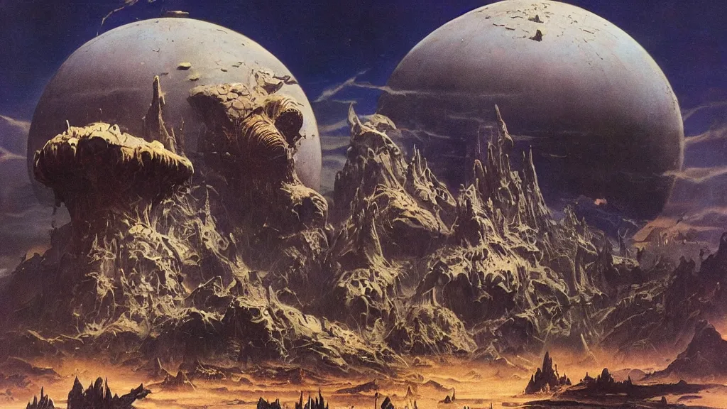 Image similar to eerie alien planet empire by frank frazetta and bruce pennington, cinematic matte painting