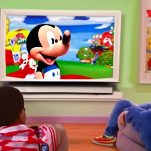 Image similar to Aubrey Drake Graham watching mickey mouse clubhouse on his tv and laughing