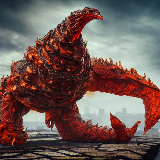 Prompt: evil steel rust bubble screaming fire chicken kaiju, cinematic, epic scale, hyper detailed, photorealistic, rule of thirds, 8 k.