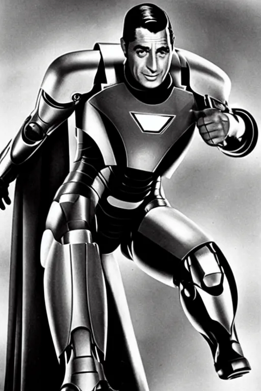 Image similar to cary grant as iron man. superhero movie set in the 1 ac 9 6 0's