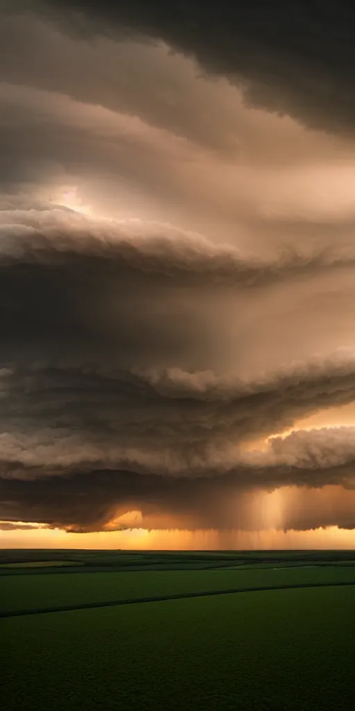 Prompt: a supercell storm dark and brooding far away in the distance, open farming fields the foreground during sunset, nature, cinematic, hyperrealistic, evil, dark, cgsociety, 8 k, by stephen king