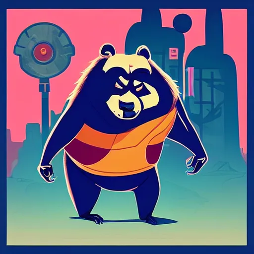 Image similar to “ portrait of a racoon in the style of kung fu panda holding laser gun, with a black background, digital art, award winning, trending on art station, retro style ”