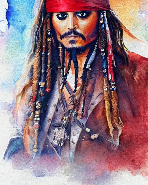 Image similar to portrait of captain jack sparrow, painterly style, matte illustration, watercolour