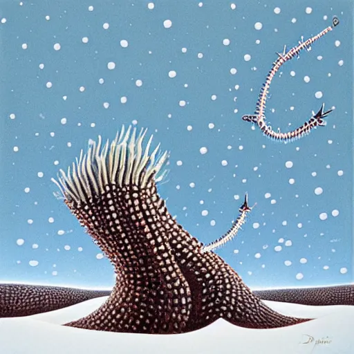 Image similar to a giant trypophobia sand worm attacks warriors in a snowy desert by the artist daniel oldenburg