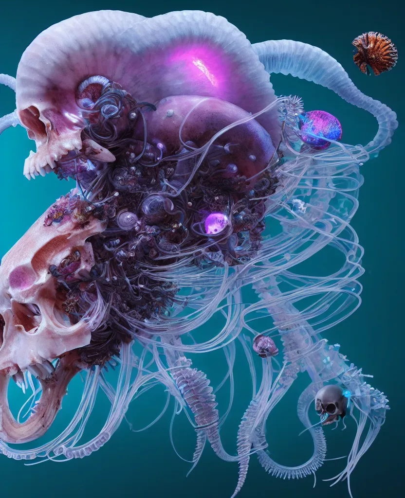 Image similar to goddess close-up portrait ram skull, thorax, x-ray, backbone, jellyfish phoenix head, nautilus, orchid, skull, betta fish, bioluminiscent creatures, intricate artwork by Tooth Wu and wlop and beeple. octane render, trending on artstation, greg rutkowski very coherent symmetrical artwork. cinematic, hyper realism, high detail, octane render, 8k