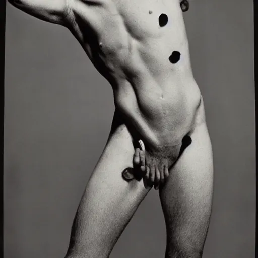 Image similar to a man with sticks protruding from their skin, large format film photograph by richard avedon