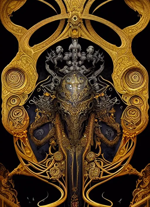 Prompt: sacred sarcophagus, ornate art nouveau scarabs, black and gold palette, symmetry, fantasy, intricate, elegant, highly detailed, colorful, dark colors, dramatic shadow, digital painting, artstation, concept art, art by artgerm and greg rutkowski and ruan jia,