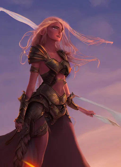 Image similar to fantasy heroine looking heroically at the sky at dusk, profile, in the style of Milica Čeliković and James Daly, artstation, digital art, full body, detailed face, castle in the background