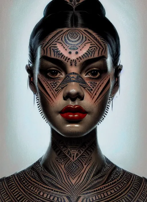 Image similar to portrait of a girl, fair skin, black hair, serious, tribal tattoos on her face, 1 9 5 0 s, intricate, elegant, glowing lights, highly detailed, digital painting, artstation, concept art, smooth, sharp focus, illustration, art by wlop, mars ravelo and greg rutkowski