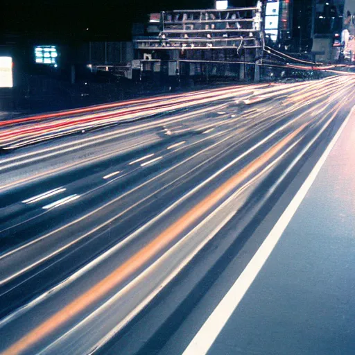 Image similar to silver corolla ae 1 1 0 rides on tokyo highway, night, high traffic, photograph from 1 9 9 9 year