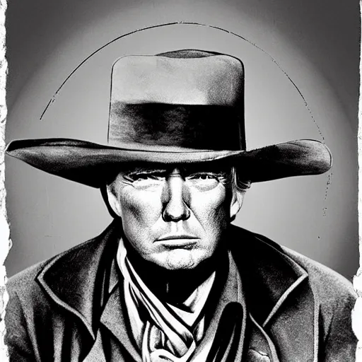 Image similar to an 1 8 0 0 s photo of donald trump playing the role of clint eastwood, squinting at high noon, in the style of a clint eastwood movie, the good, the bad and the ugly, clint eastwood, vibe, donald trump, glory days, mount rushmore, justice, american flag, independence, patriotism, apple pie, black and white, artgerm