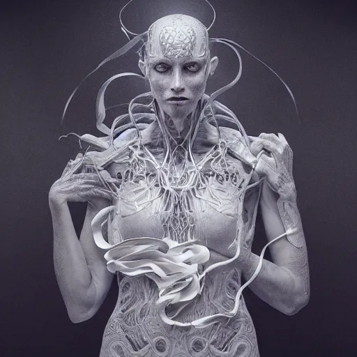 Image similar to hyper realistic photography of elon misk, plated arm, intimate, chest, holding close, ribbons, in the style of beth cavener, jinz kagetsu,, and wlop, highly detailed, intricate filigree, symmetry, masterpiece, award winning, sharp focus, concept art, highkey lighting, ambient lighting, octane render, 8 k, artstation