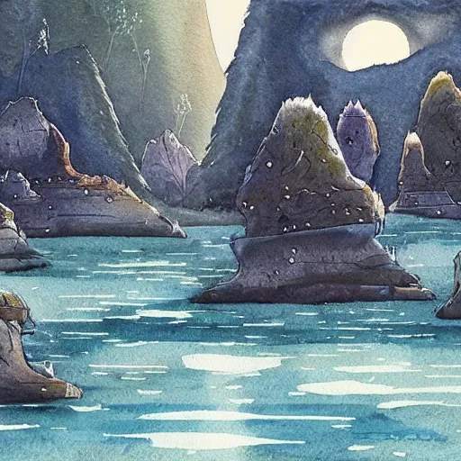 Image similar to beautiful natural scene filled with happy picturesque charming organic sci - fi pod homes. water, trees and rocks. beautiful light. grainy and rough. soft colour scheme. beautiful artistic detailed watercolor by lurid. ( 2 0 2 2 )