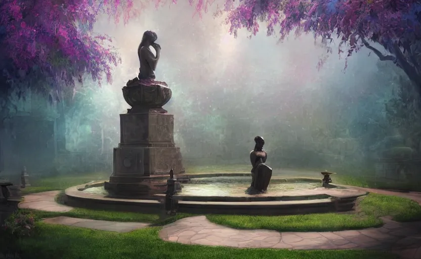 Image similar to The kneeling statue of a woman in a beautiful garden, next to a fountain and a mystical palace, and all this in a foggy and mysterious atmosphere.Fantasy and concept art, colorful digital painting.