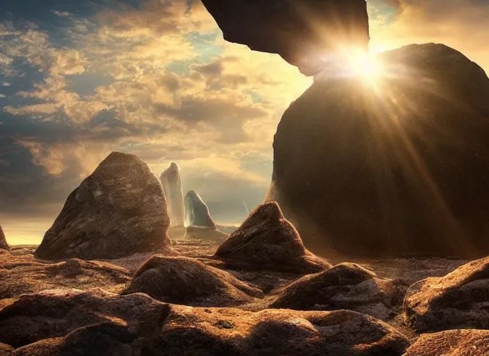 Prompt: giant interdimensional rock creatures fall from the sky, a vast landscape, awe inspiring, wide angle, cinematographic photo, subtle lens flare